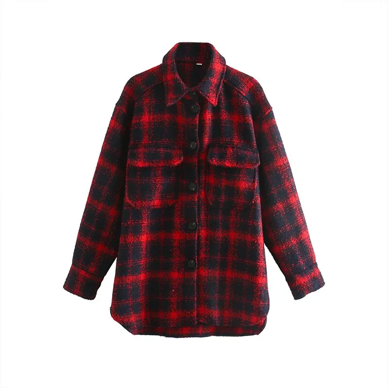 Women's Shirt Coats Femme Plaid Khali Overshirt Mujer Pocket Soft Tweed Jacket Oversize BF Long Sleeve Ladies Outwear Streetwear