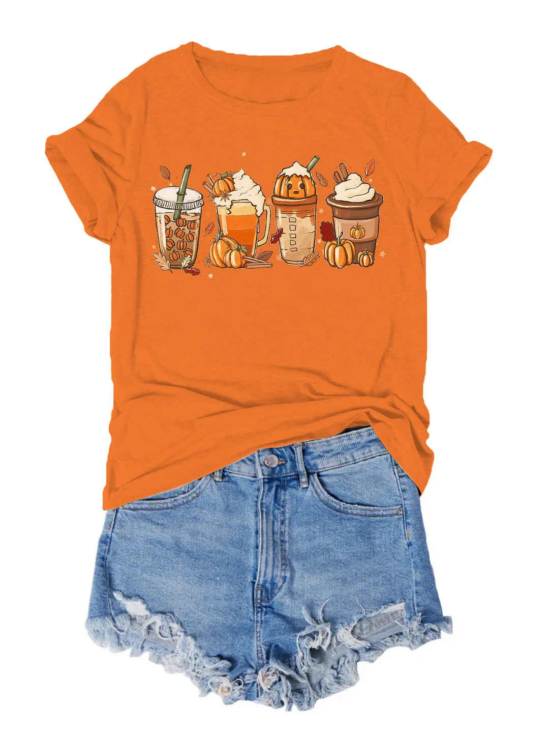 Pumpkin Coffee Print Casual Solid T-Shirt