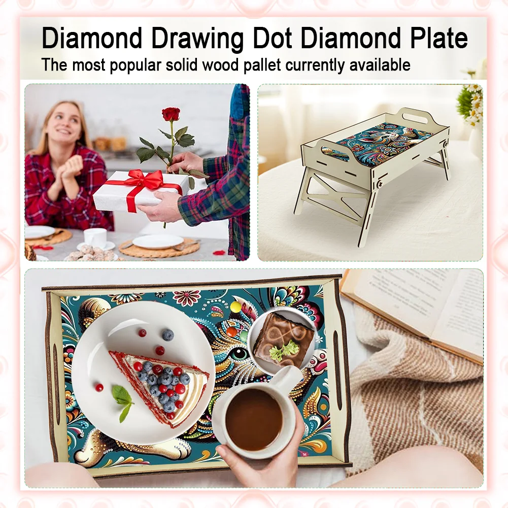 DIY Diamond Painted Dining Plate with Handle Wooden Food Tray Home Decor Gift