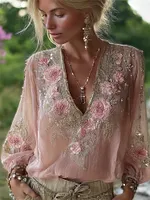 Vintage Boho Pink Roses Embroidered Lace Flowy Tunic