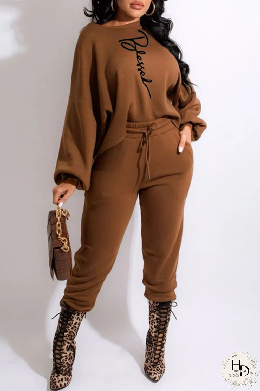 Green Casual Print Split Joint O Neck Long Sleeve Two Pieces