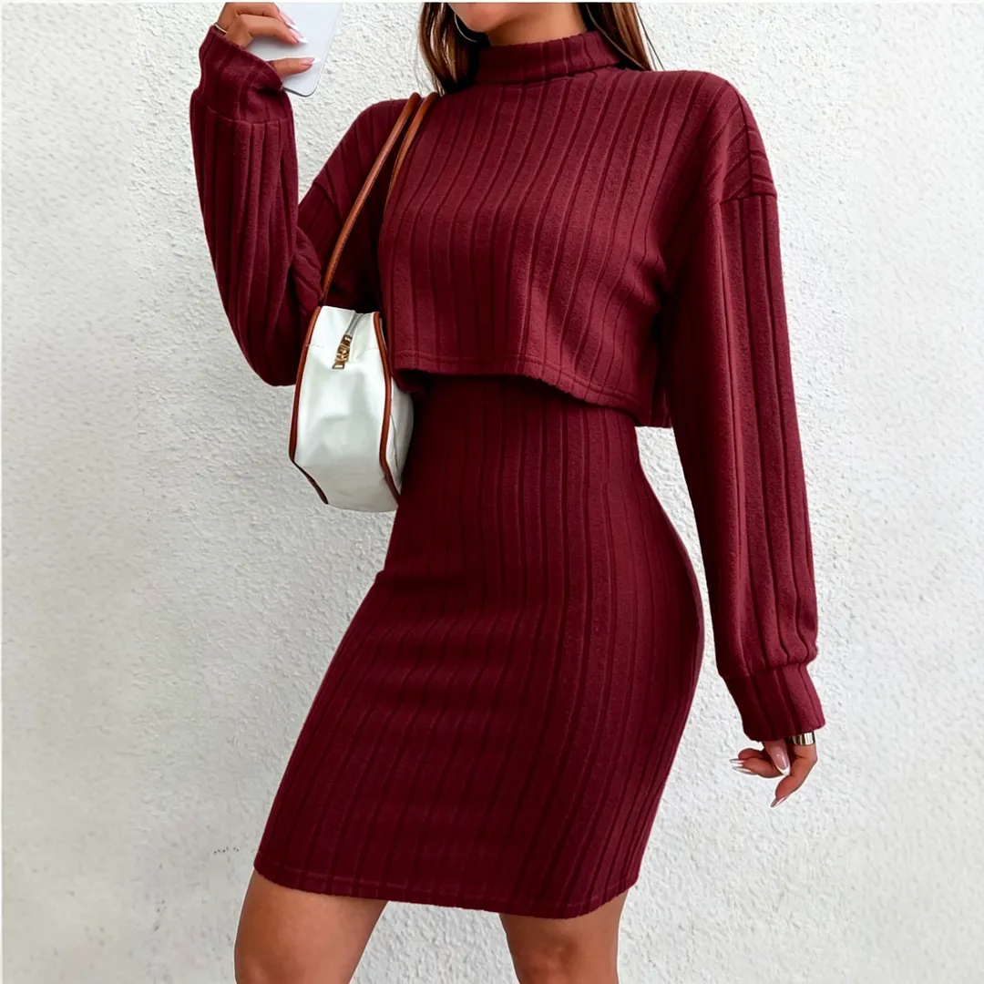 Women's Ribbed Knit Cropped Turtleneck Top + Bodycon Mini Dress Two-piece Outfit
