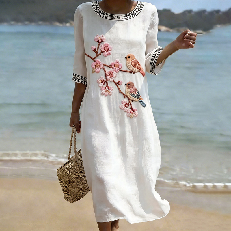 Women's Japanese Plum Blossom & Birds Art Linen-blend Maxi Dress elevenforest