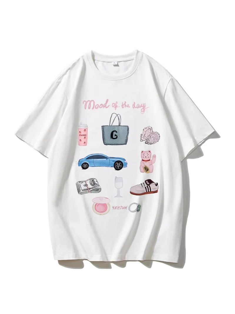 Athvotar Athvotar Hand-Painted Printed T-Shirts For Women's Summer New Loose Round-Neck Cotton Short-Sleeved Tops Ins