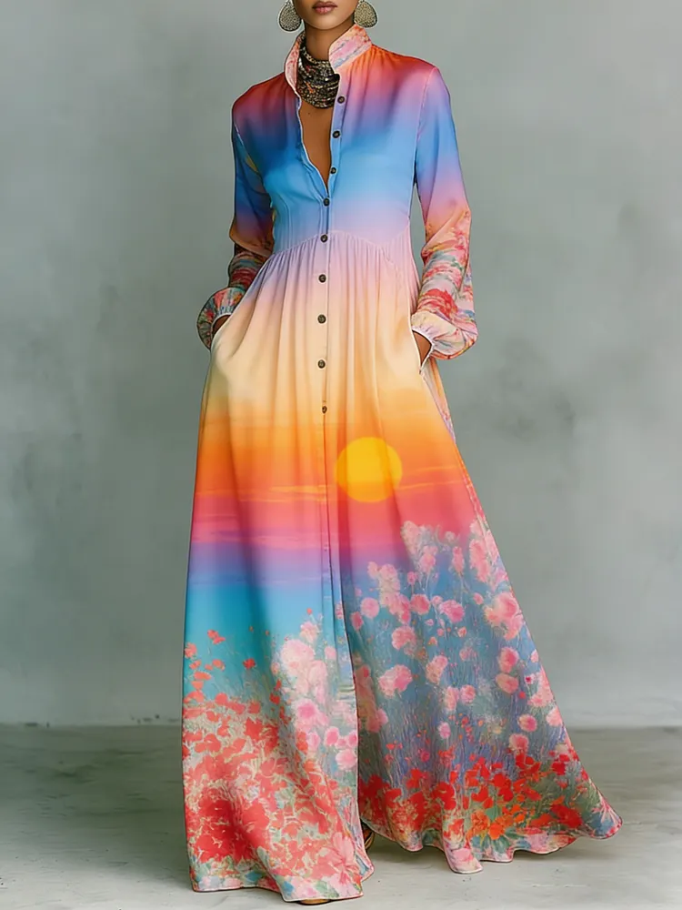 Women's Vintage print Elegant Romantic Vacation Maxi Dress