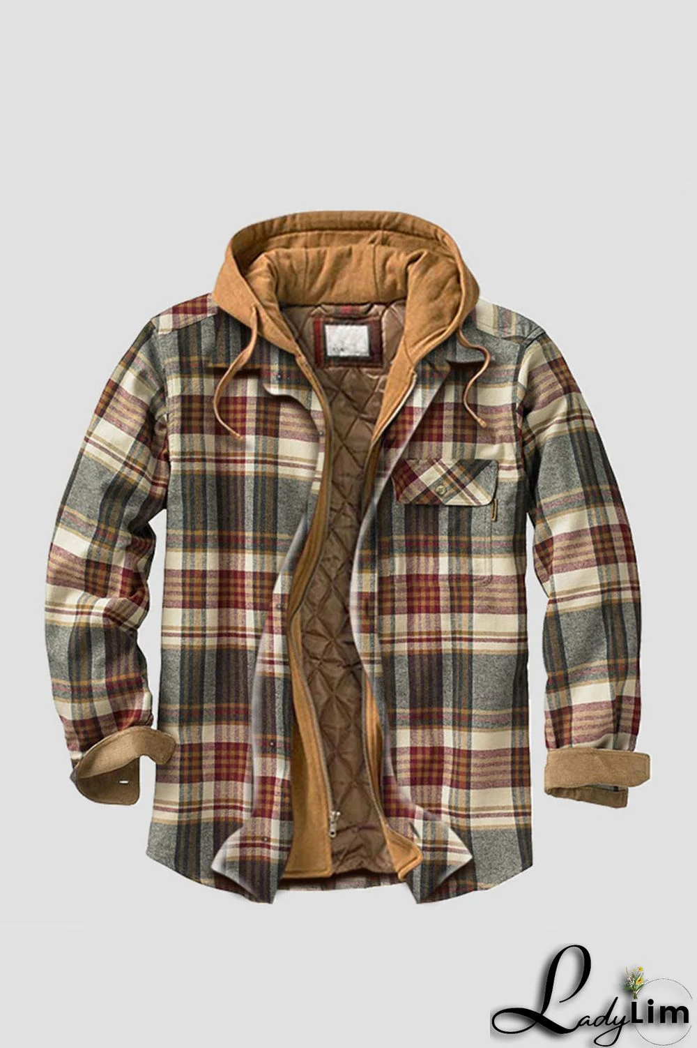 Brown Casual Plaid Draw String Zipper Hooded Collar Outerwear