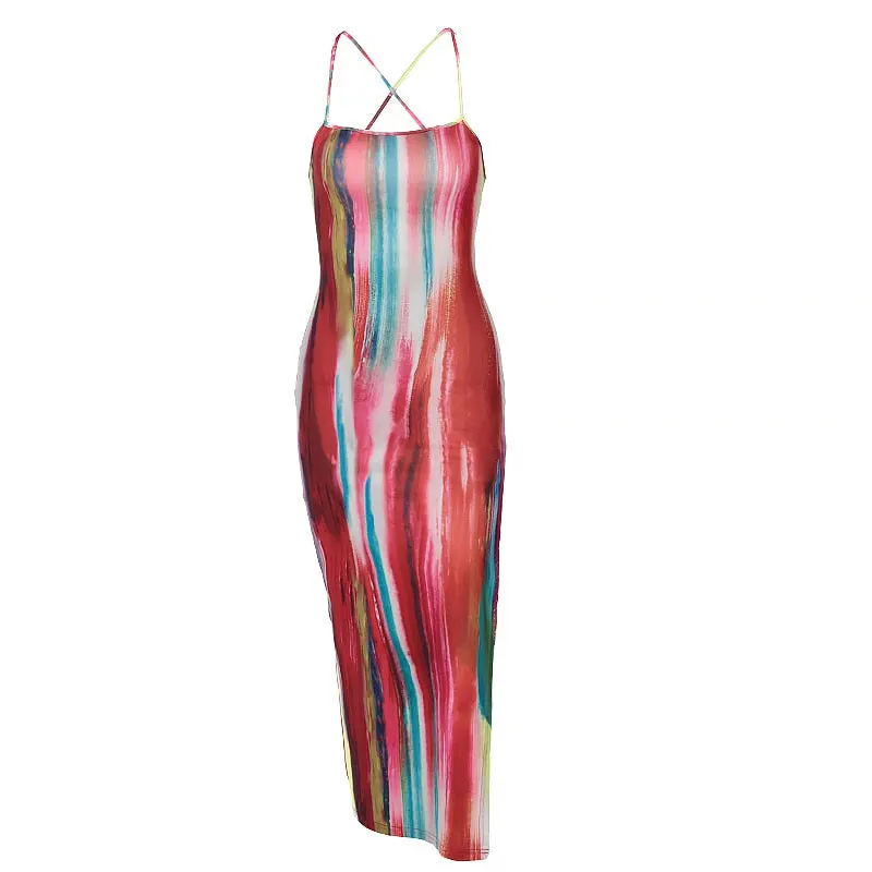 Hawthaw Women Summer Fashion Sleeveless Printed Bodycon Backless Open Fork Split Dress Sundress 2021 Female Clothing Streetwear