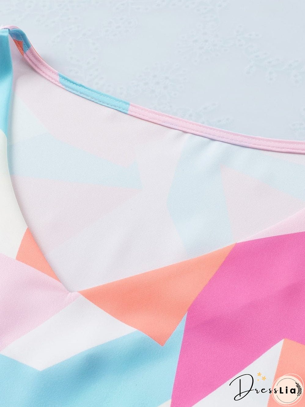 Pastel Geometric Print V-Neck Cap Sleeve Top with Colorblock Detail