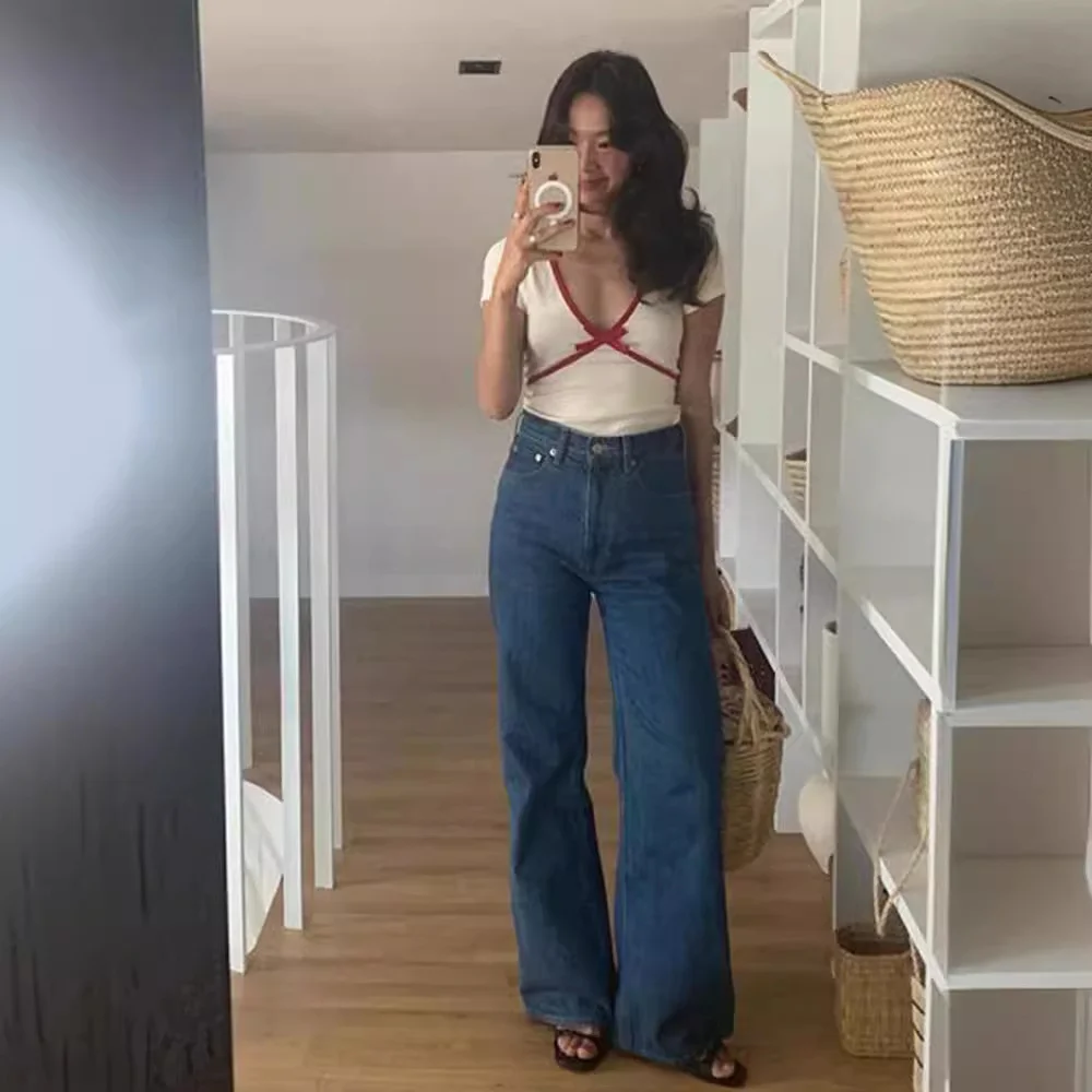 Uveng Uveng French Bow Patchwork Color Top Female Girl Slim Short V-Neck Short-Sleeved T-Shirt