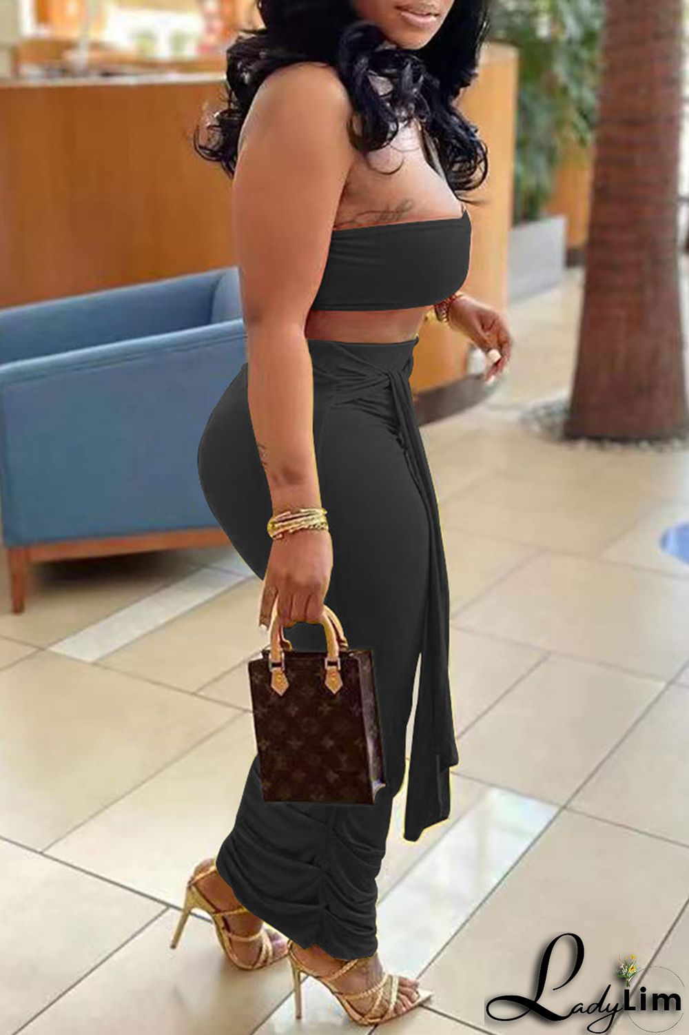 Black Sexy Solid Bandage Split Joint Strapless Sleeveless Two Pieces