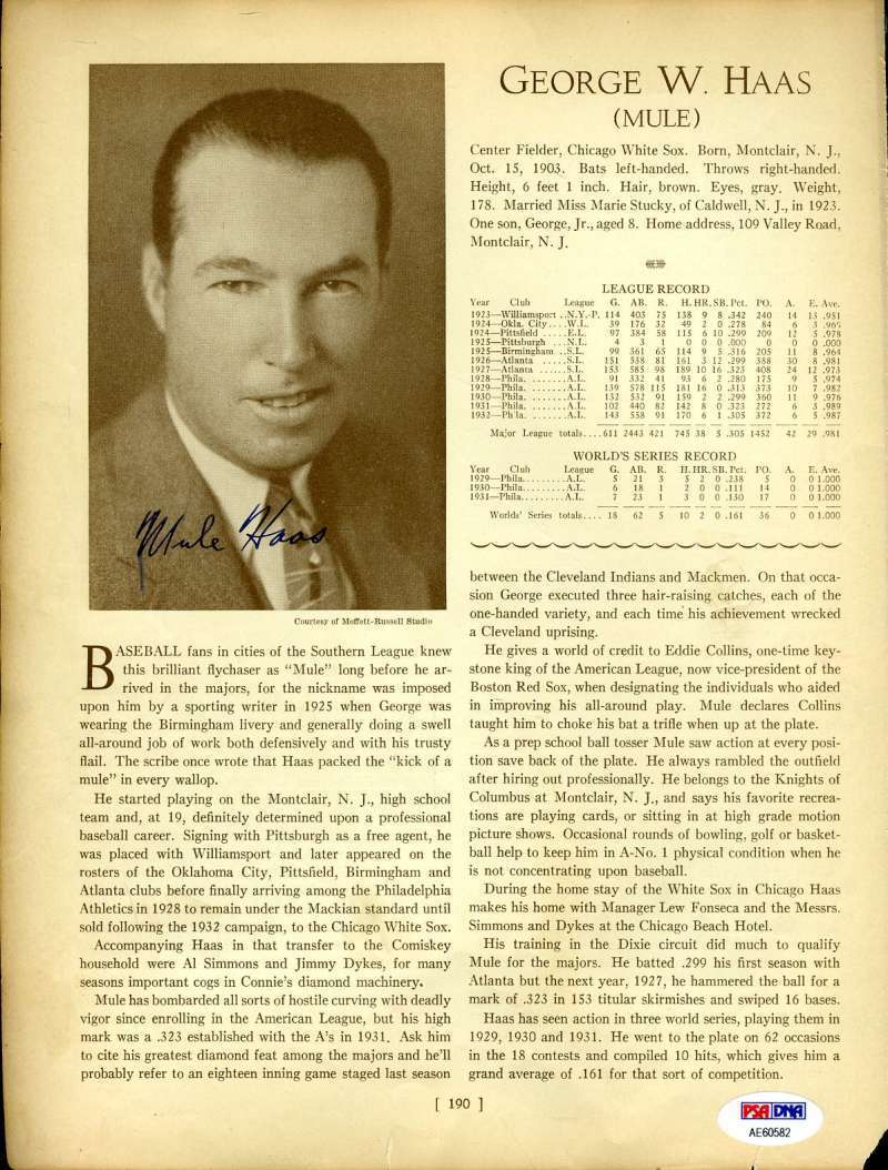 Mule Haas Psa Dna Coa Autograph 1933 Who`s Who 8x10 Photo Poster painting Page Signed