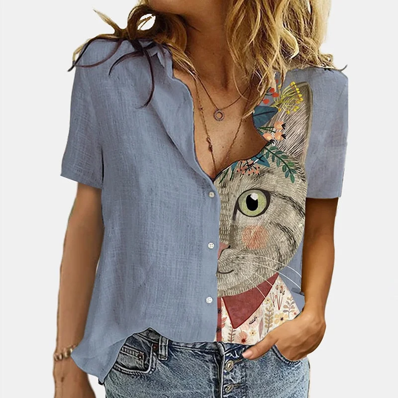 Vintage Women Patchwork Button Short Sleeve Blouse Summer Casual Loose Office Shirt Spring Femme 3XL Cats Printed Shirt Blusas