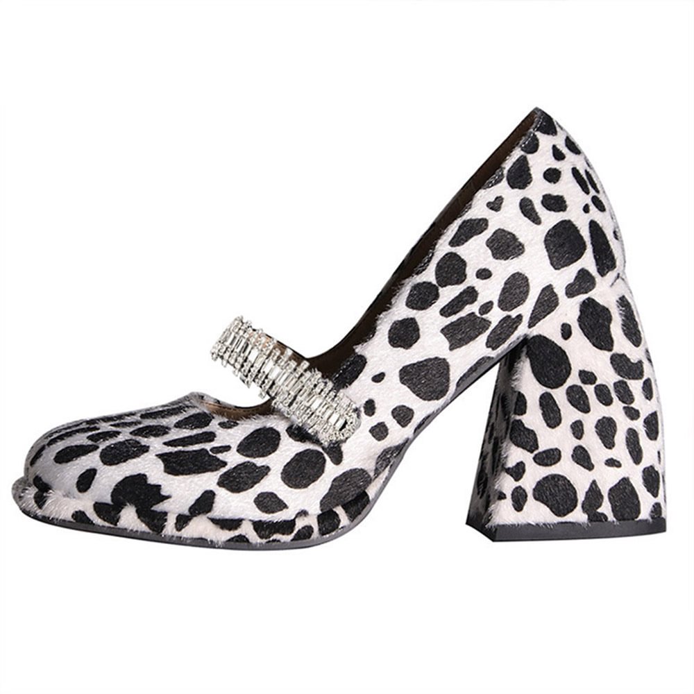 Suede Milk Cow Texture Loafers Rhinestone Decor Chunky Heels