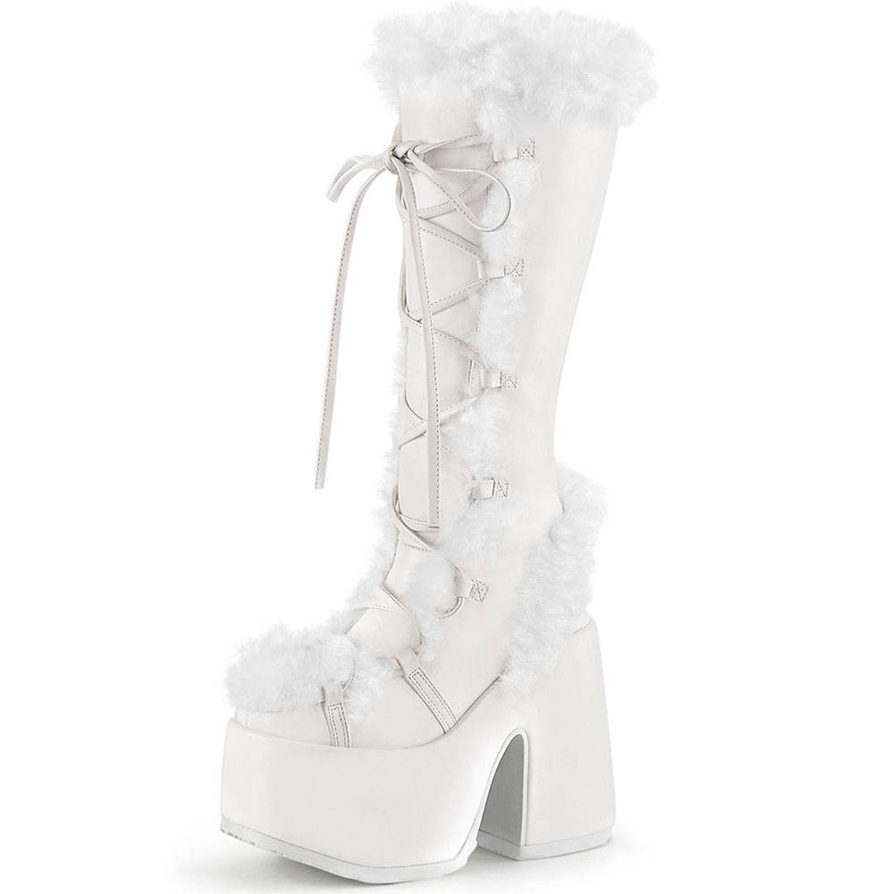 White Lace-Up Faux Fur Round Toe Block Heel Platform Knee High Boots Nicepairs