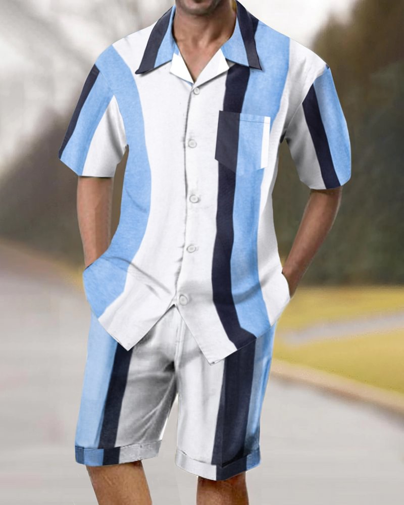 Casual Men's Short Sleeve Suit Men's Striped Print
