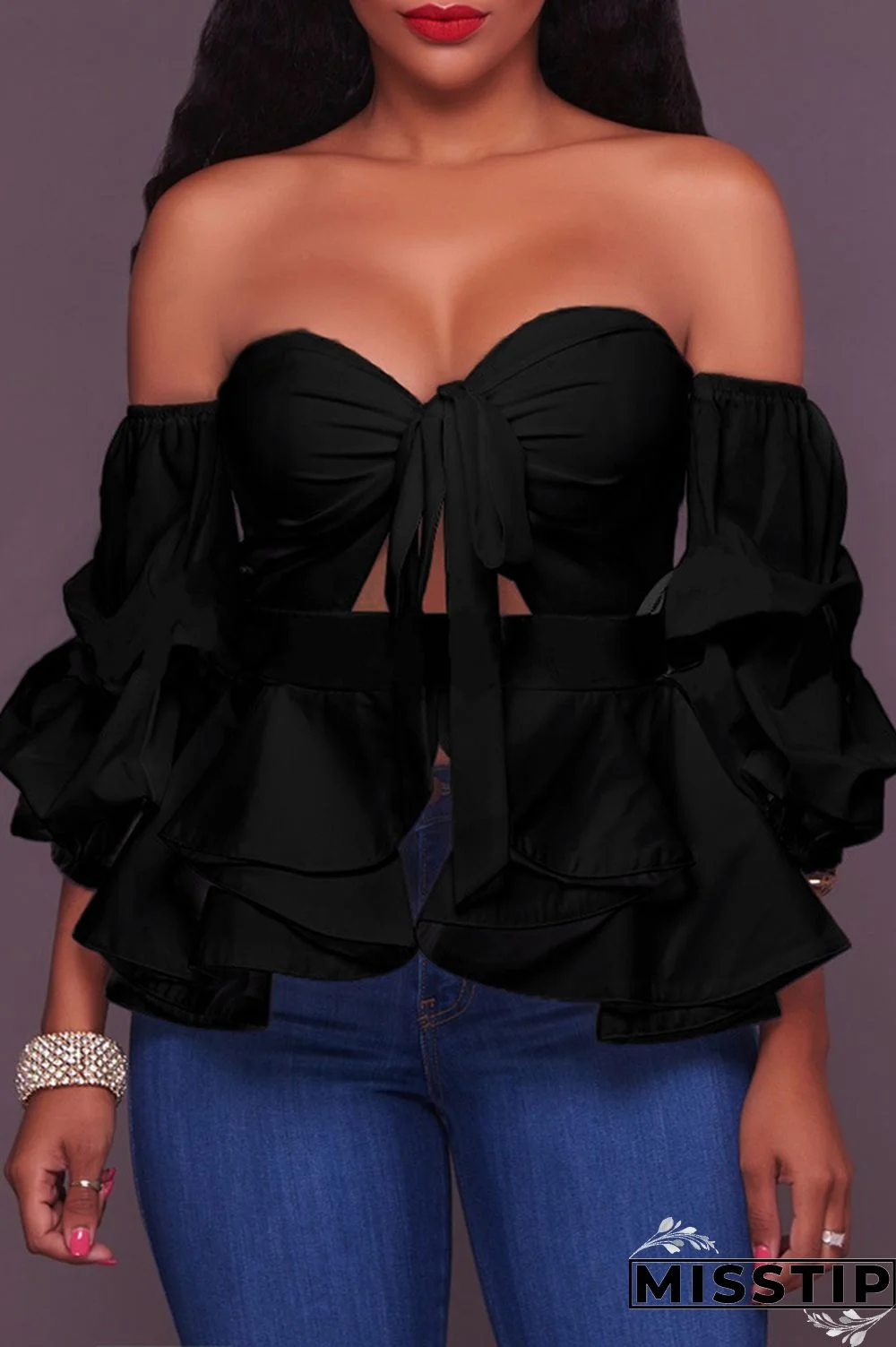 Black Sweet Dew Shoulder Lantern Sleeves Blouses