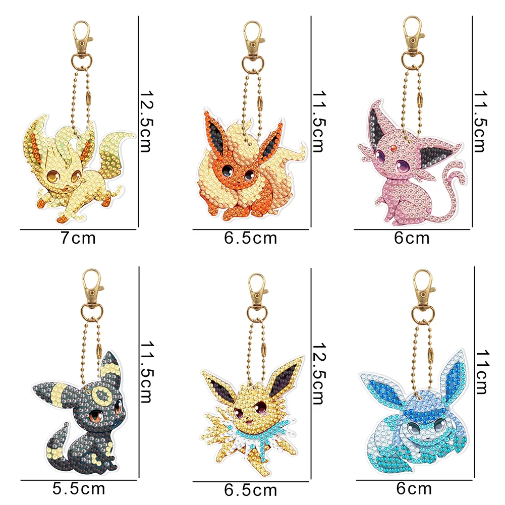 6pcs/set Diamond Painting Pokemon Keychains Acrylic DIY Key Chains Charm Crafts