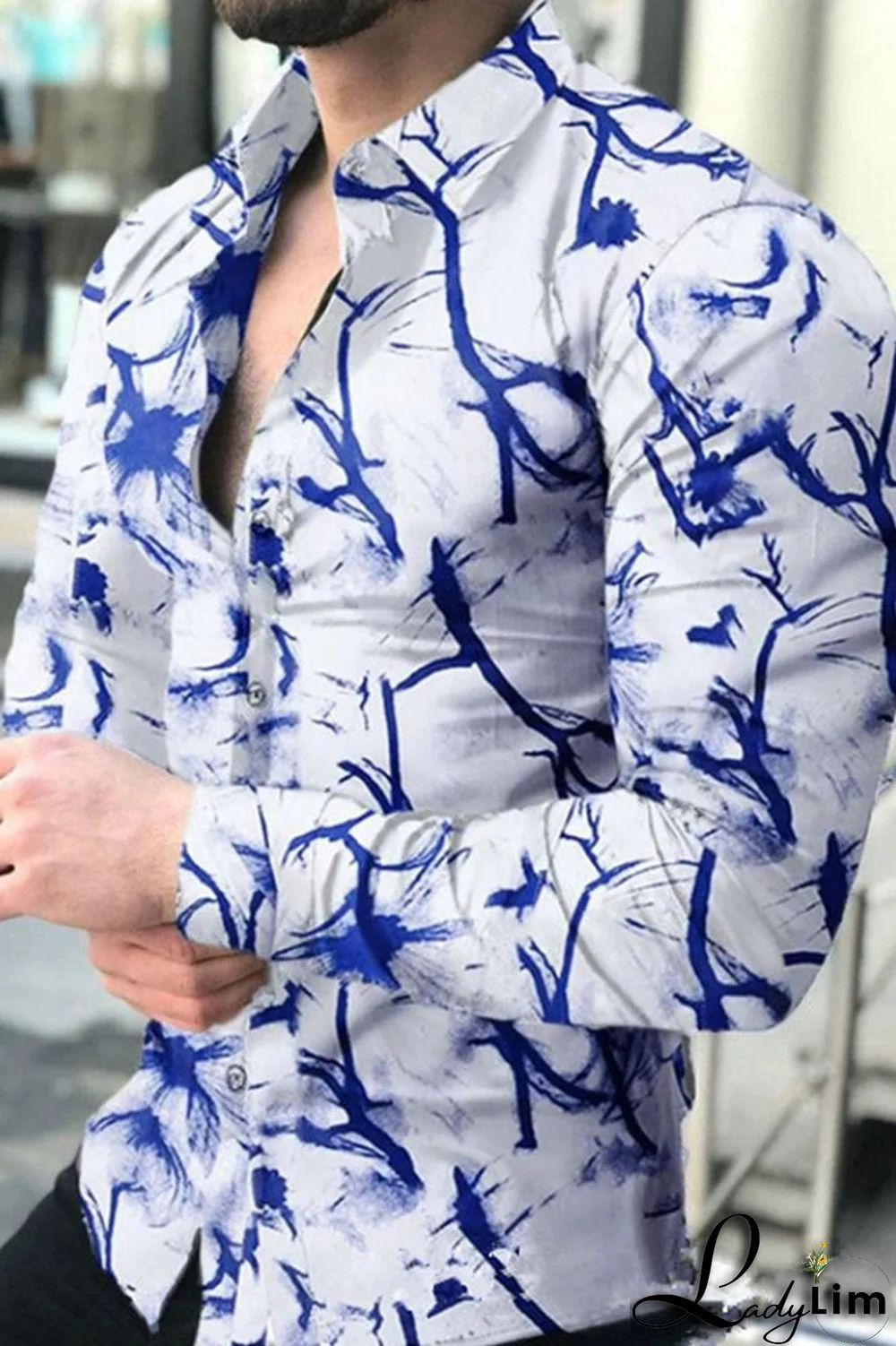 White Fashion Print Split Joint Buckle Turndown Collar Tops