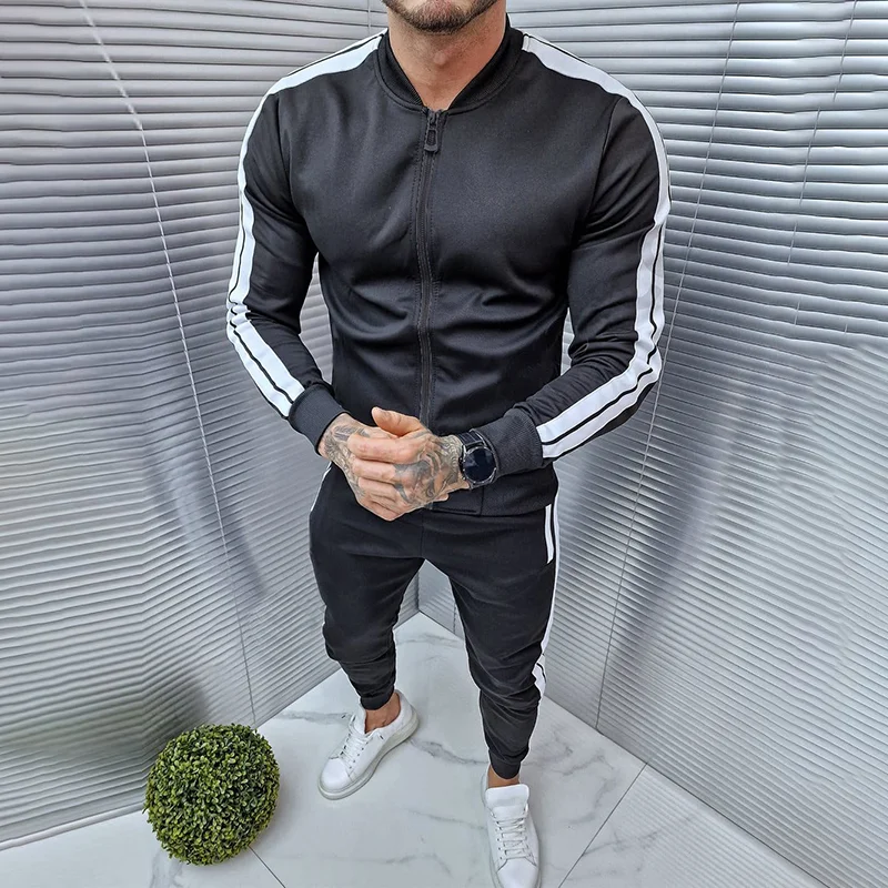 Casual And Simple Contrast Color Line Black Jackets And Pants Co-Ord