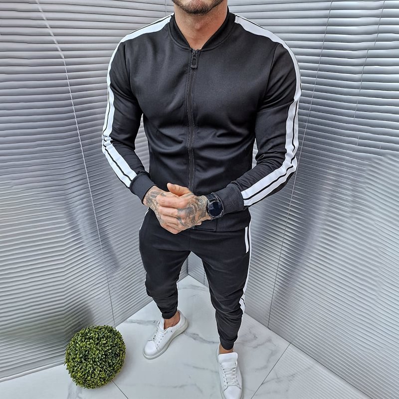 Casual And Simple Contrast Color Line Black Jackets And Pants Co-Ord