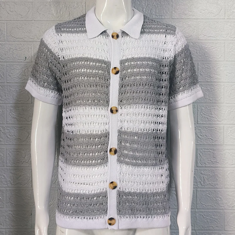 Men's 2024 Summer Sweater  Lapel Short Sleeve Color Block Hollow Cardigan