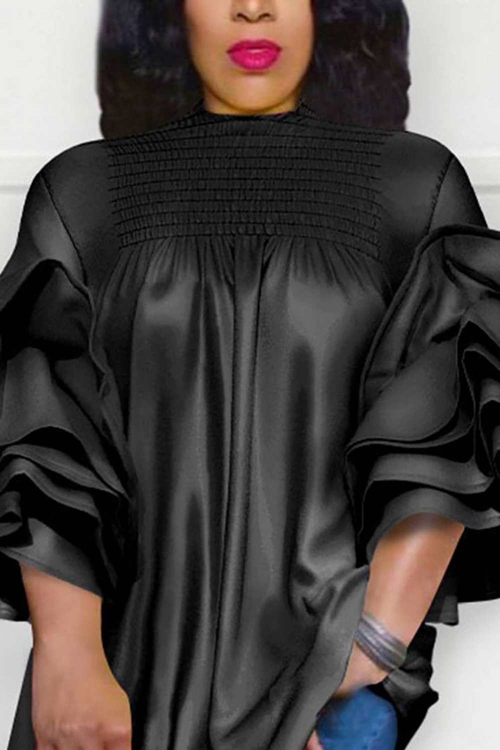 Plus Size Daily Black Spring Summer Mock Neck Flare 3/4 Sleeve Flounce Ruffle Blouses [Pre-Order]