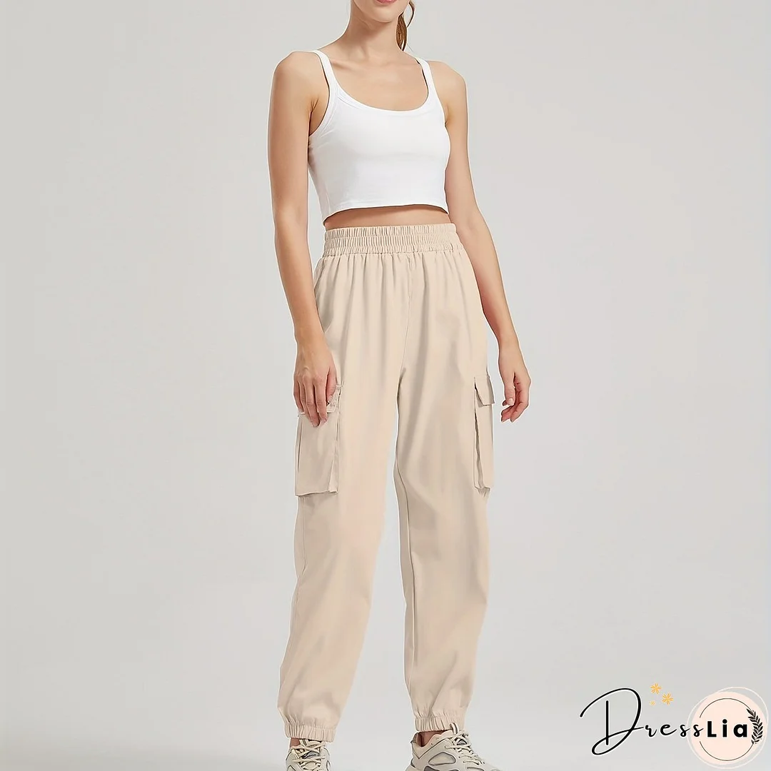 Solid Color Casual Joggers Sweatpant, Cargo Loose High Waisted Pants With Pockets, Women's Athleisure