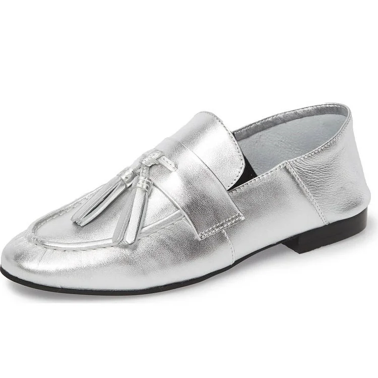 Silver Loafers for Women Round Toe Flats with Fringe |FSJ Shoes