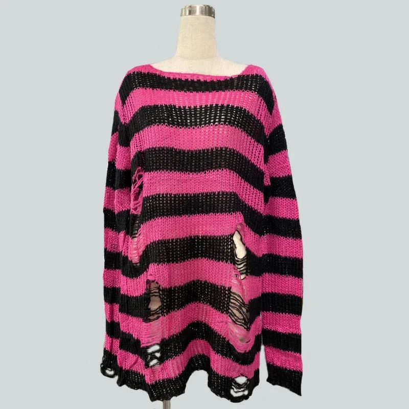 2021 Women Man  Sweater Dress Punk Gothic Long Unisex Cool Hollow Out Hole Broken Striped Jumper Loose Rock Thin Sweater