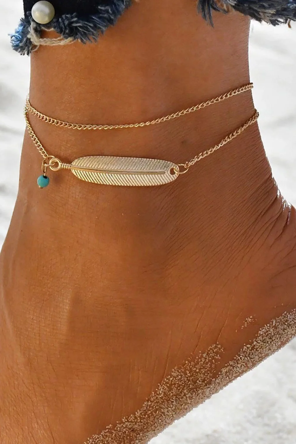 Gold Alloy Feather Bead Deocr Anklet | IFYHOME