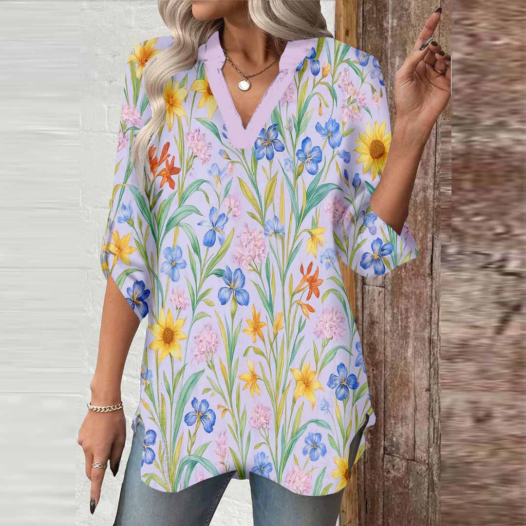 Women Floral,Purple,Yellow DZGA0261 3/4 Sleeve V-neck Printed Graphic Button Tops
