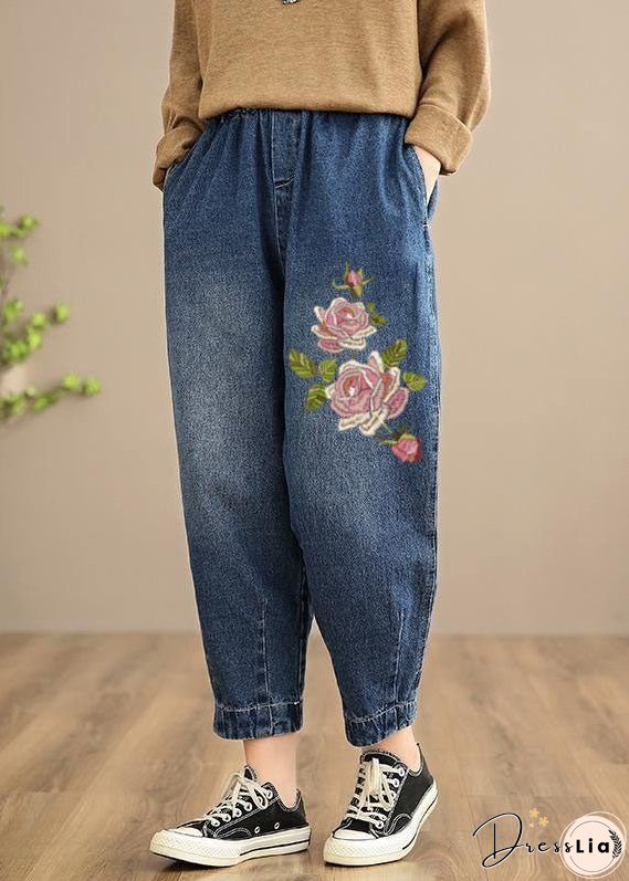 Handmade Spring Casual Pants Oversize Denim Blue-little flower Photography Elastic Waist Trousers