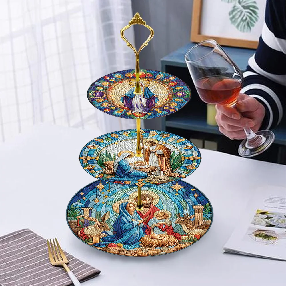 3 Tier Our Lady Round Diamond Painting Tray Food Plate for Adults Beginners