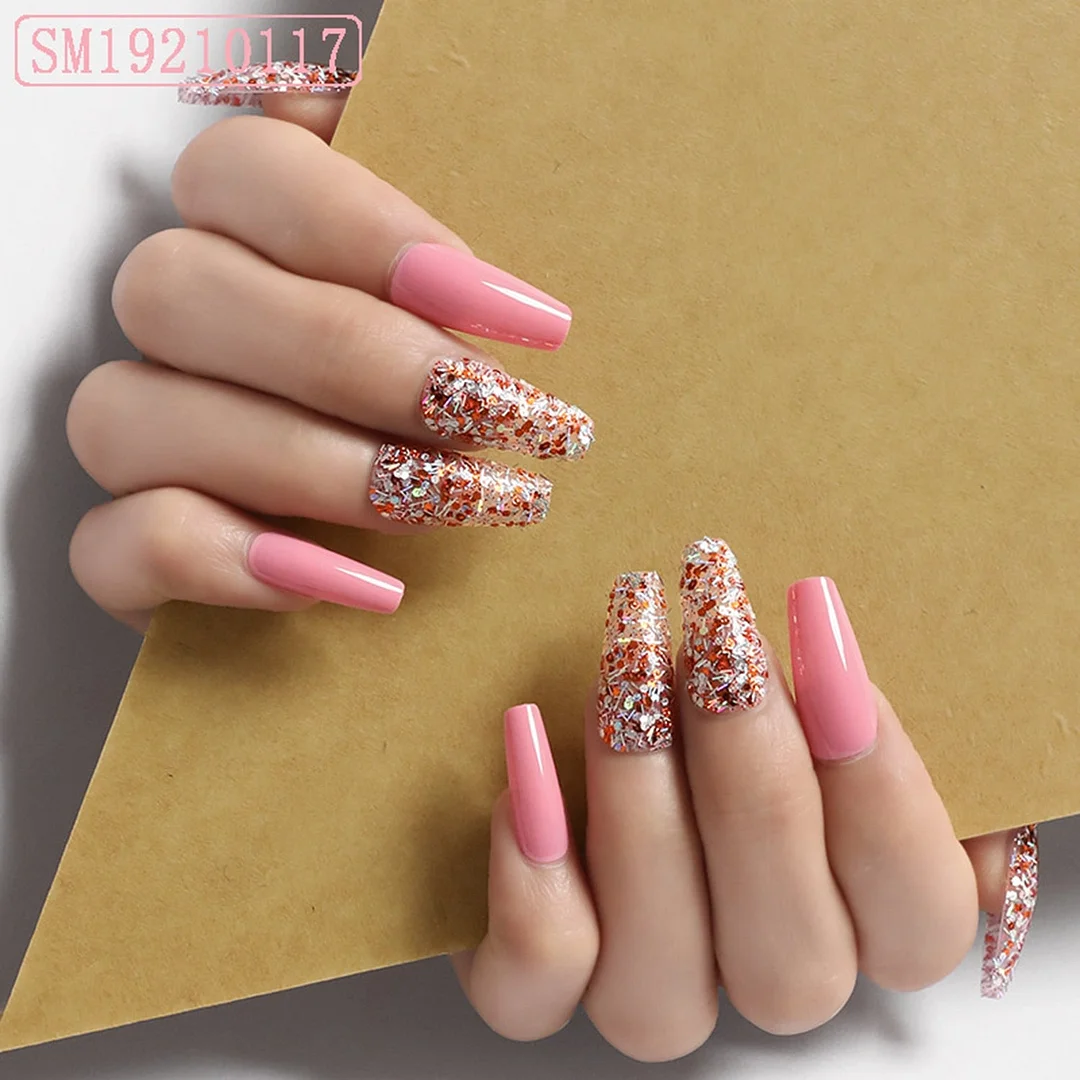 Artificial Glitter Pink Graffiti Detachable Long Almond False Nails Wearable Fake Nails Full Cover Nail Tips Press On Nails 24pc