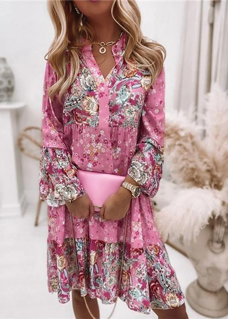 Print Patchwork V Neck Dress
