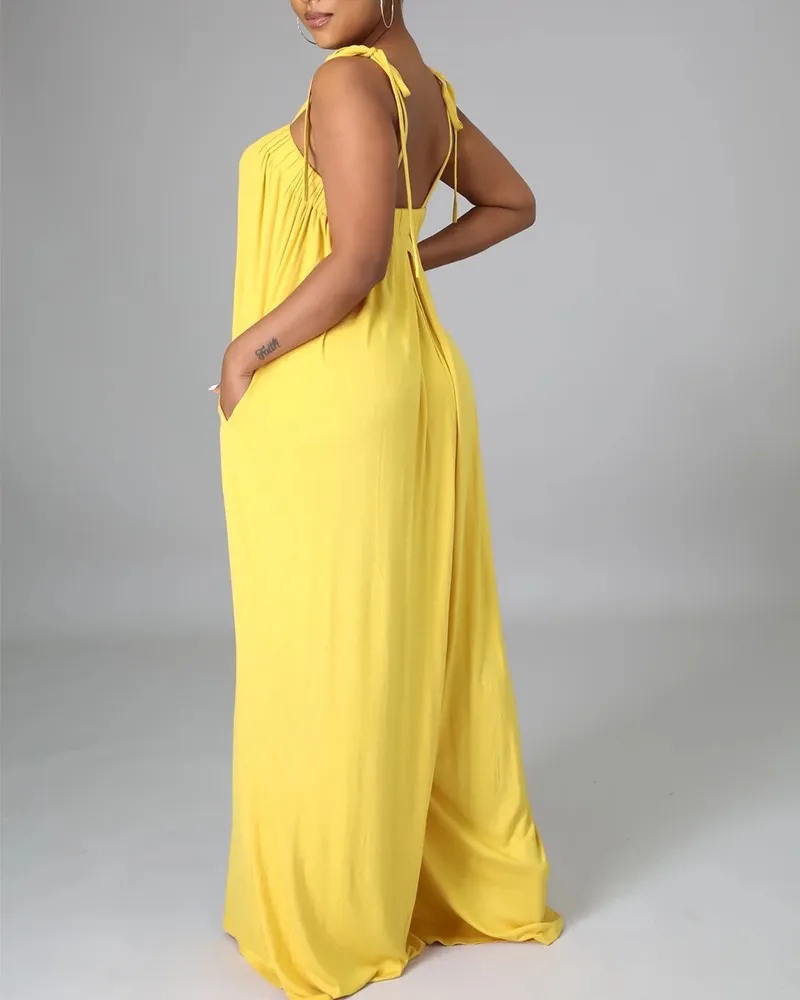 Solid Color Sleeveless Pocket Self Tie Wide Leg Jumpsuit