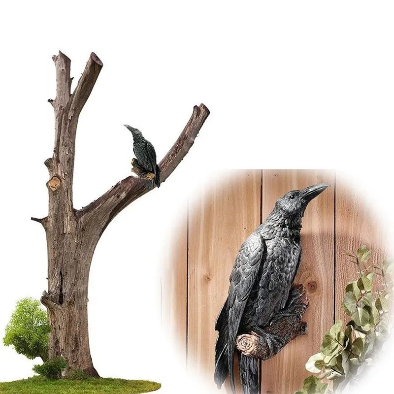 Tegooe Resin Raven Statue Sculpture Outdoor Crow Bird Decor Halloween Garden Courtyard Ornament 20cm Black