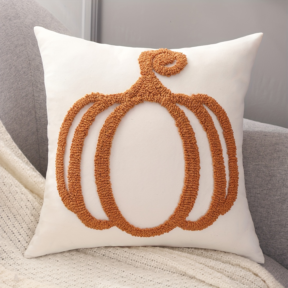 Halloween Pumpkin Throw Pillow Cover in Cream - Geometric Design, Zip Closure, Hand Washable Cotton Blend Cushion Case for Sofa & Bedroom Decor