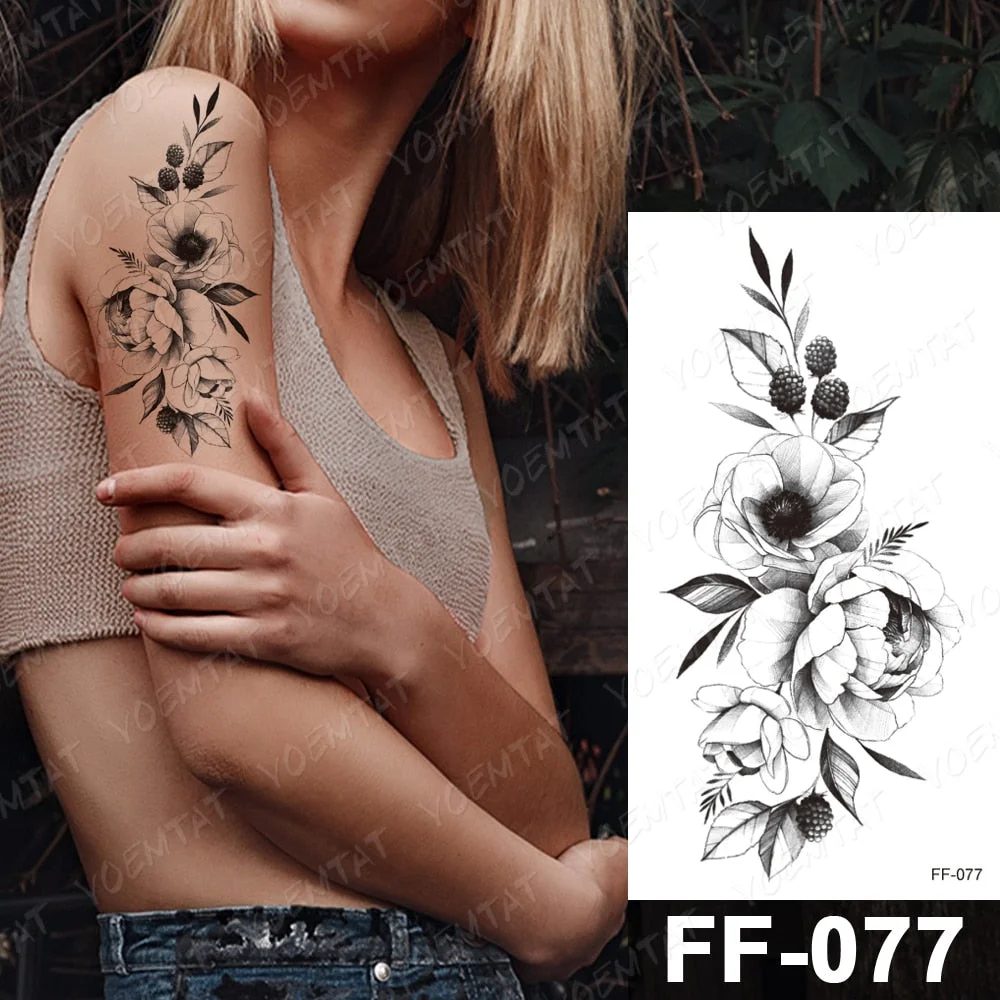 Waterproof Temporary Tattoo Stickers Peony Rose Flower Gun Flash Tattoos Female Black Sketch Body Art Arm Sexy Fake Tatto Male