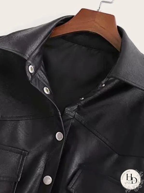 Button Front Flap Pocket Belted PU Coat for Women