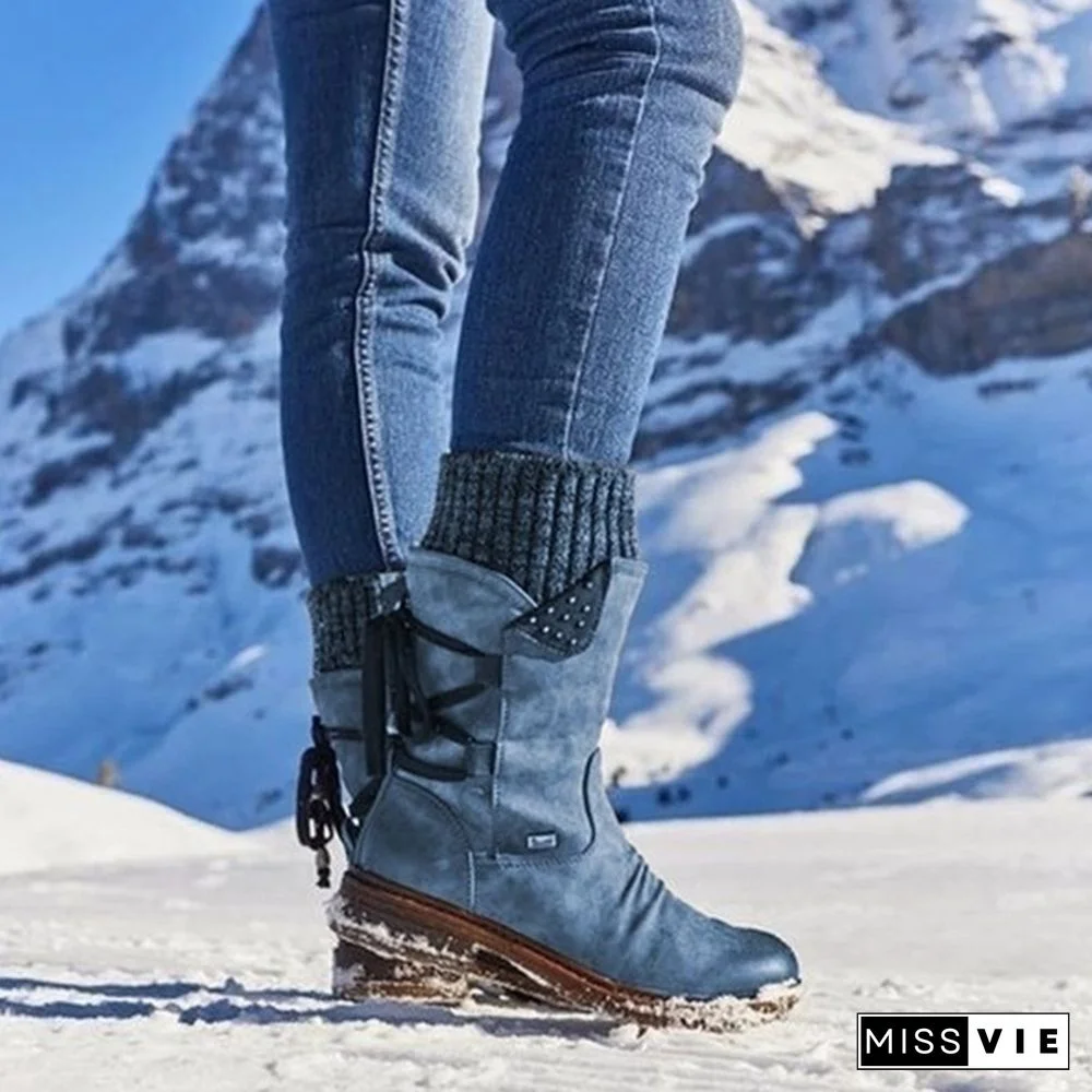 New Fashion Autumn and Winter Womens Boots In The Calf Boots Casual Flat Snow Boots Leather Sweater Bandage Boots Cowgirl Boots Zipper Low Heel Ladies Boots