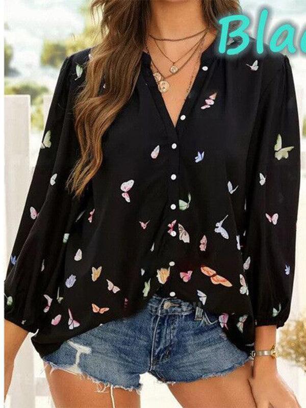 Women Casual Long Sleeve Shirt Collar Floral Printed Tops