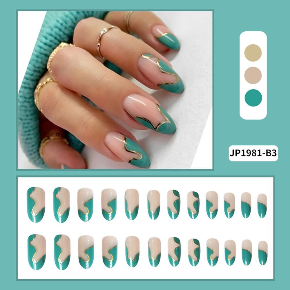 24Pcs Mint Green Gold Thread Wave Stitching Almond False Nails Detachable Coffin Fake Nails Full Cover Nail Tips Press On Nails