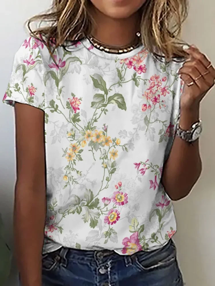 Printed Short Sleeve Casual T-shirt for  Women and Men Unisex Pattern Floral, Red, Green