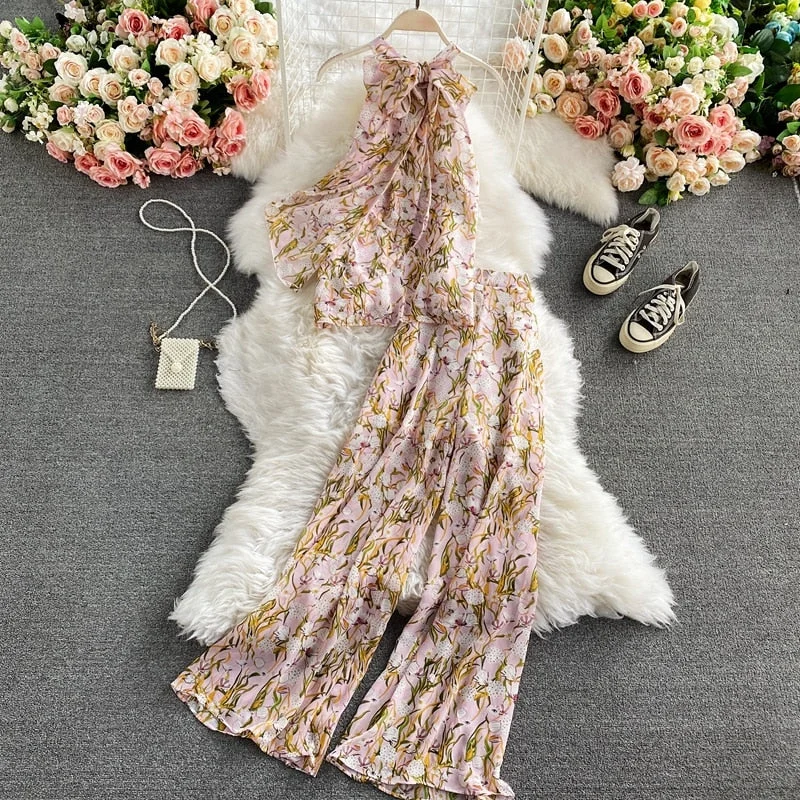 summer Fashion Temperament Off-shoulder Chiffon Shirt Blouse Women Two-piece High-waist Pants Wide-leg Pants Suit UK674