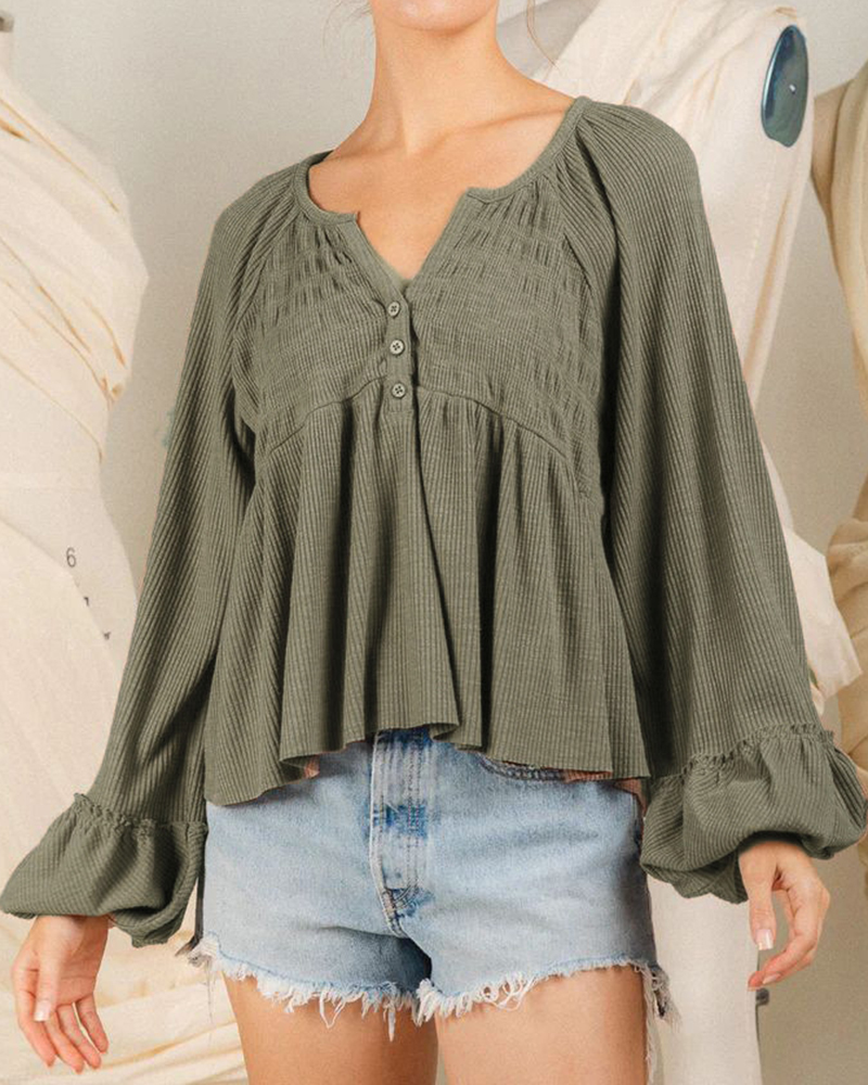 Pleated Detail V Neck Buttons Puffed Long Sleeve Blouse