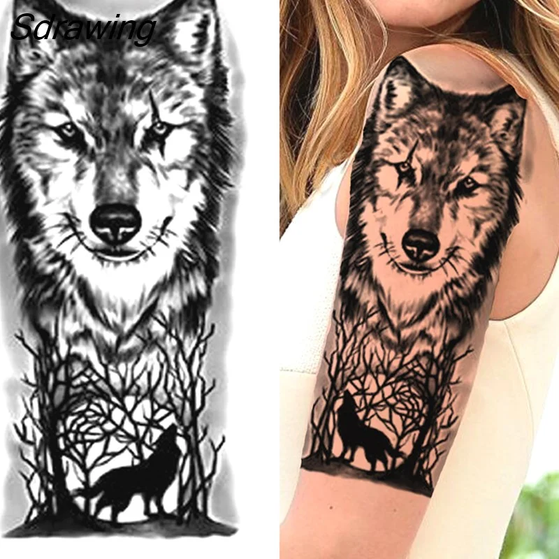 Sdrawing Wolf Temporary Tattoos For Men Women Adult Fake Lion Tattoo Sticker Tiger Black Tribal Body Art Drawings Tatoos Arm