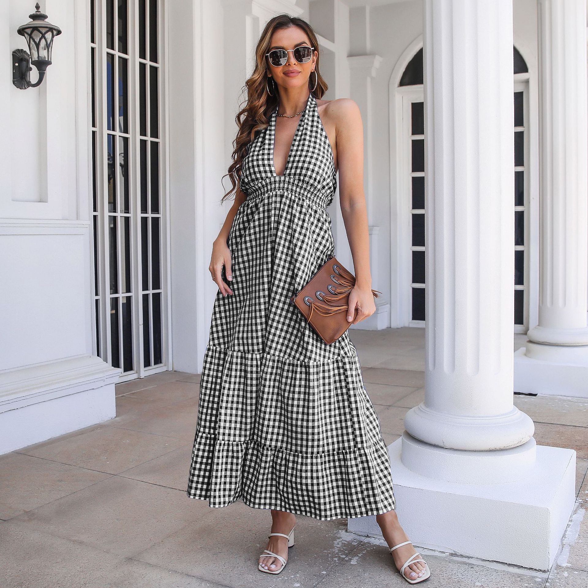 Elegant Plaid Halterneck Bohemian Resort Ruffled Swing Maxi Dresses