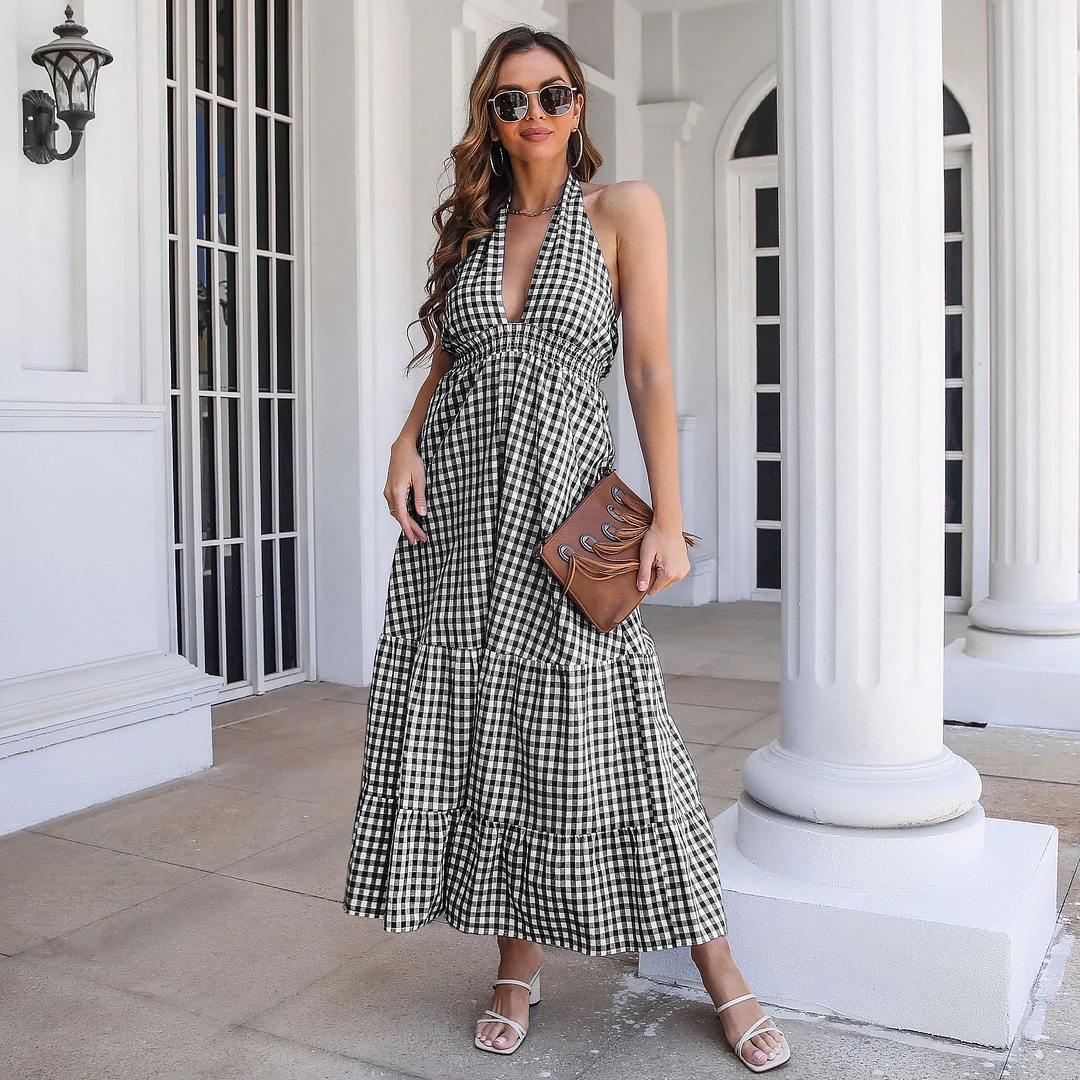 Sexy Dress For Women Summer Dresses New Casual Bohemian Holiday Ruffle Hem Plaid Long Backless Chic Sleeveless Halter Dress