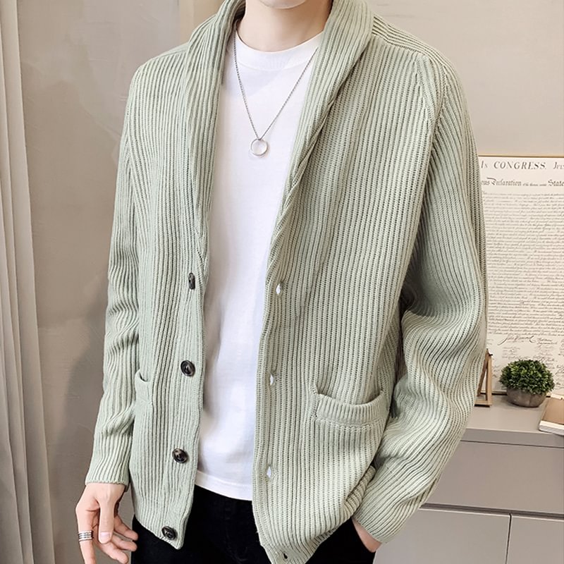 Solid Color V-neck Long-sleeved Casual Pocket Knitted Sweater Cardigan